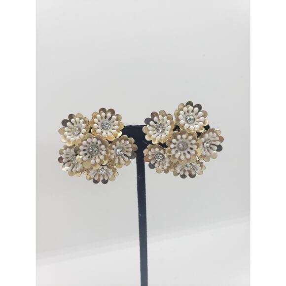 Vintage RARE Coro Clip-On Earrings White Daisy Cluster Rhinestone Center - Picture 1 of 15